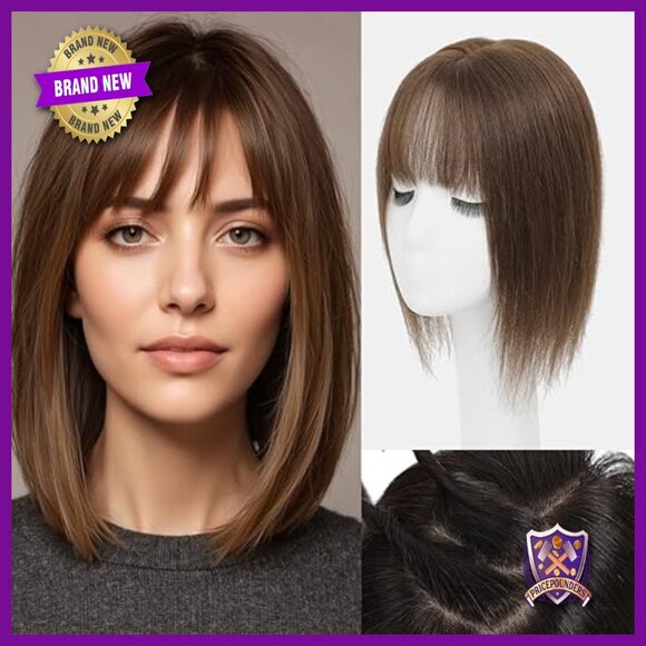Human Hair Topper with Bangs for Thinning Crown, 14 Inch Length